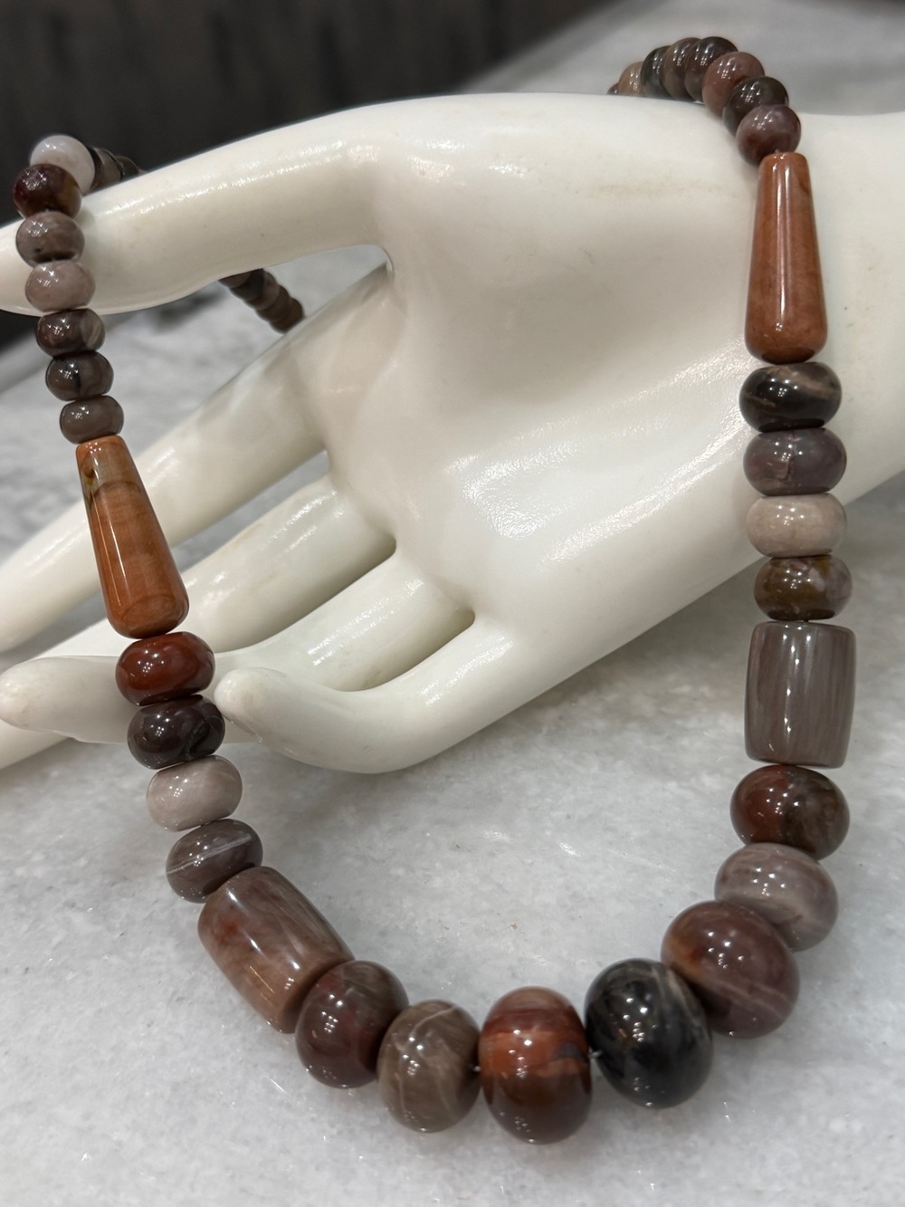 Multicolor Petrified Wood Beads Sterling Silver Necklace